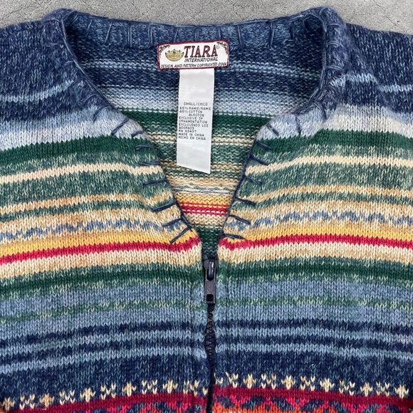 VTG Y2K Women’s Small Tiara Multicolor Striped Zip Cardigan Ramie Cotton - Picture 4 of 11